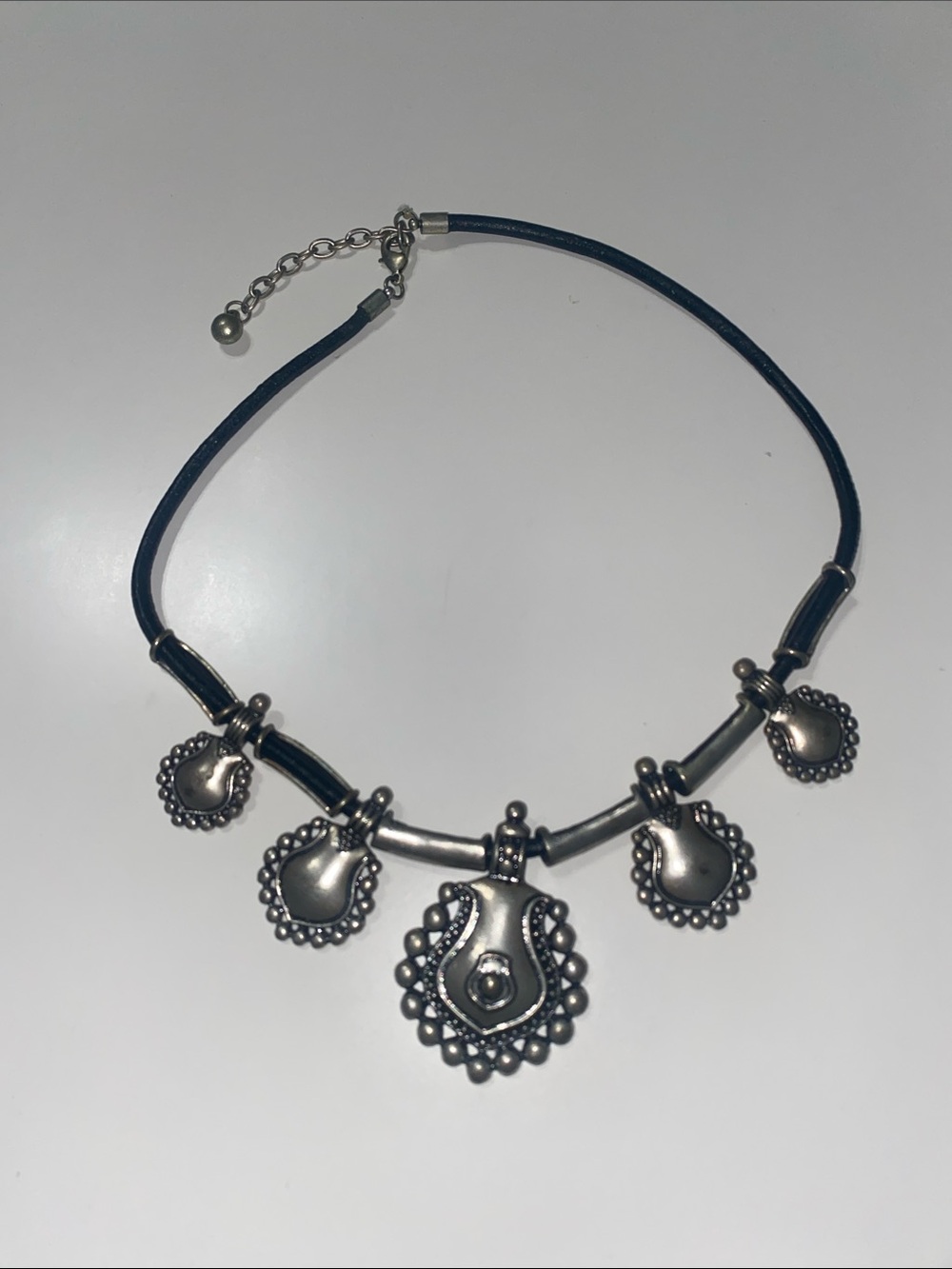 Silver Tone Teardrop Pendant Choker Necklace - Black Cord